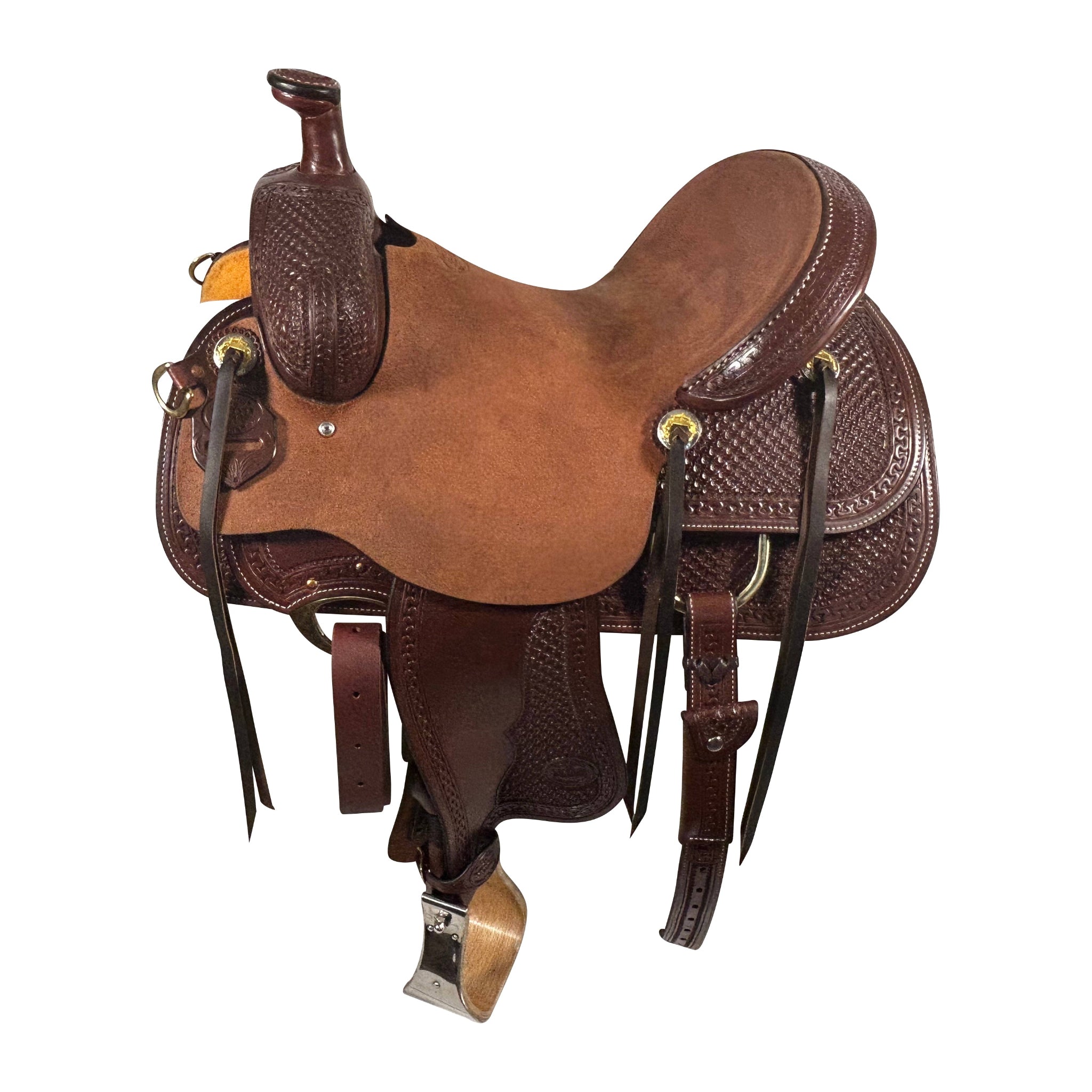 Vickers Pro Will James Saddle with rough out seat,  Cheyenne Roll cantle, San Carlos Basket with Running W Border tooling, Square skirt with Rounded Corners, Top Grain Spot Tooled, Hermann Oak Leather, 7/8 Flat Plate Rigging, Bull Hide tree, Dark Oil finish, Twist and Wrap Stirrups, Tapered Stirrup Leathers, Breast Collar D's on holders, Hoof Pick Holder, 6 Sets of Strings, Real Wool, and 7" Gullet
