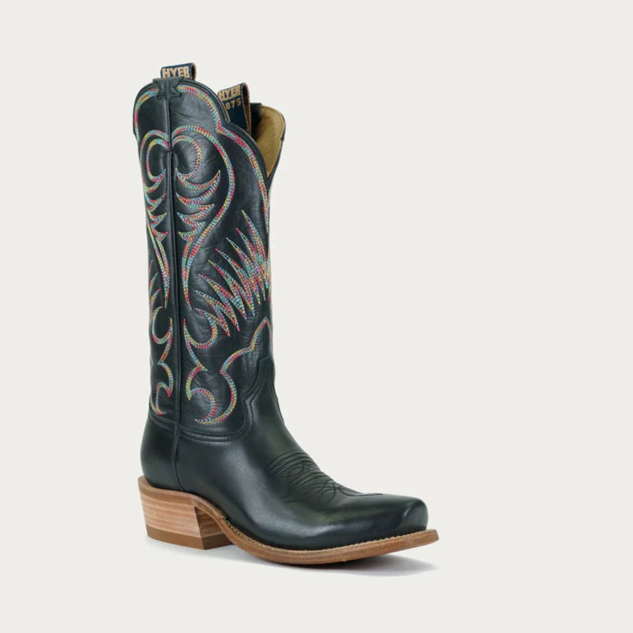 Black cowboy boot with colorful embroidery on a white background