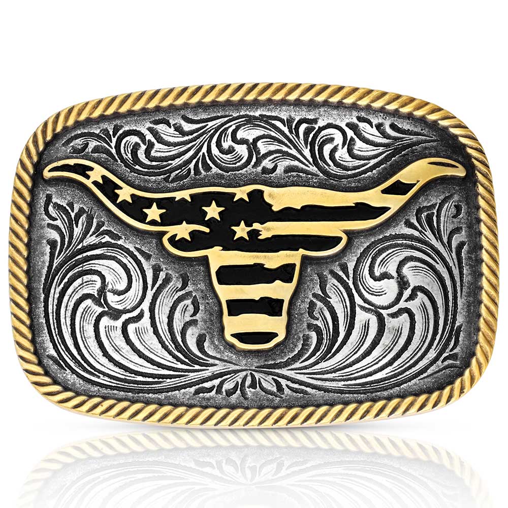 Belt buckle with gold and silver design on a white background