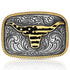 Belt buckle with gold and silver design on a white background