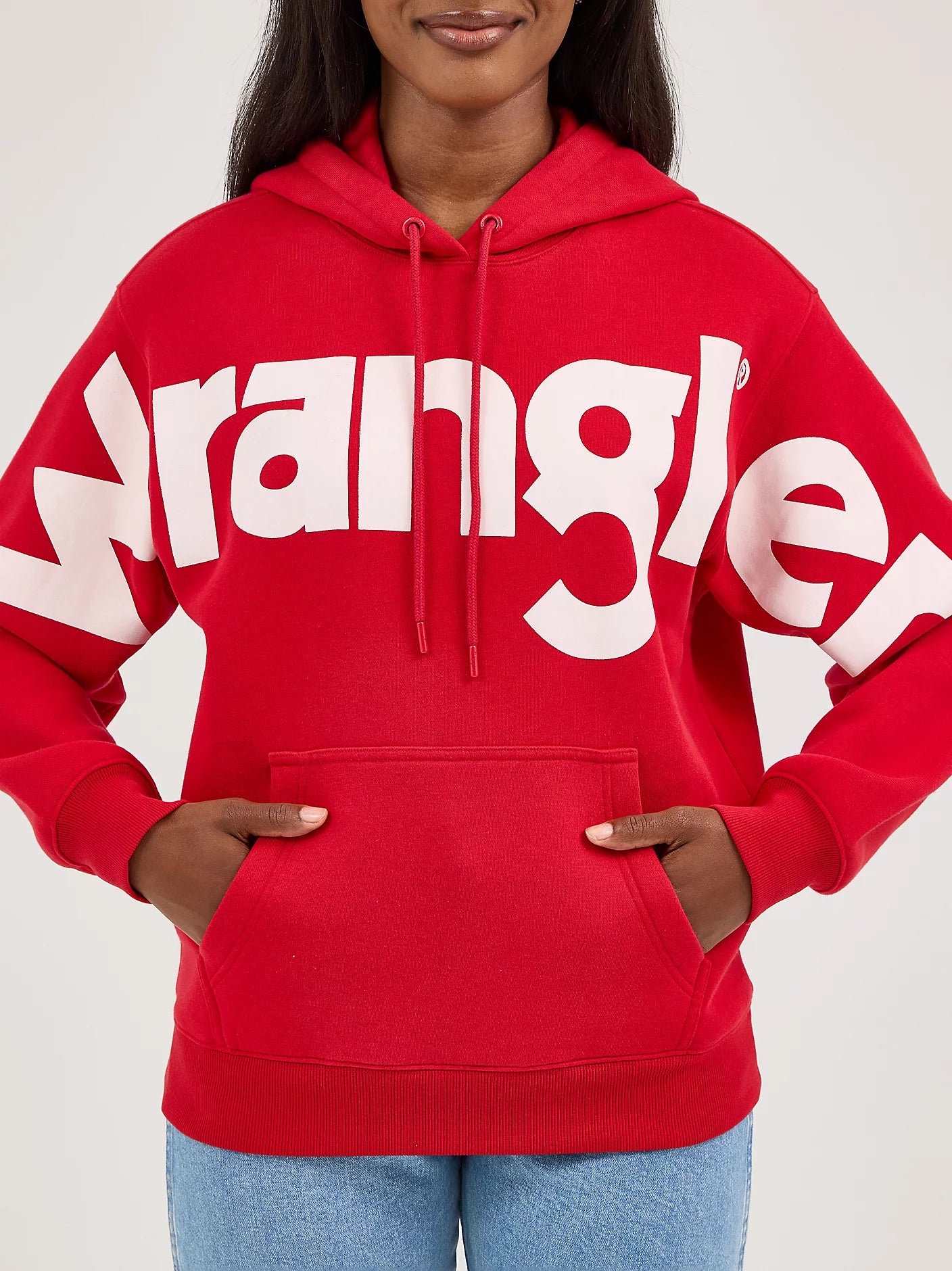 Person wearing a red Wrangler hoodie 