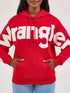Person wearing a red Wrangler hoodie 