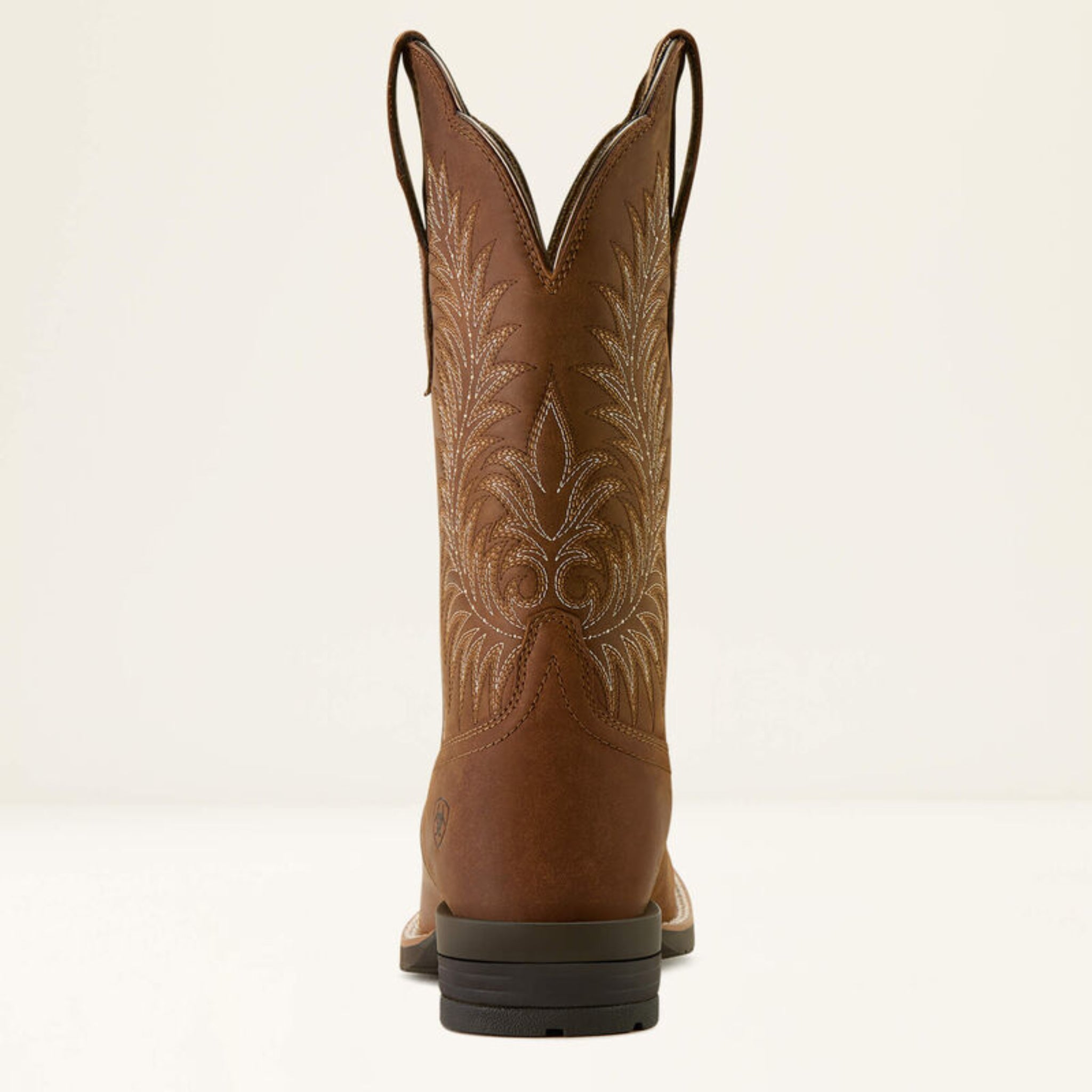 Brown cowboy boot with intricate embroidery on a white background
