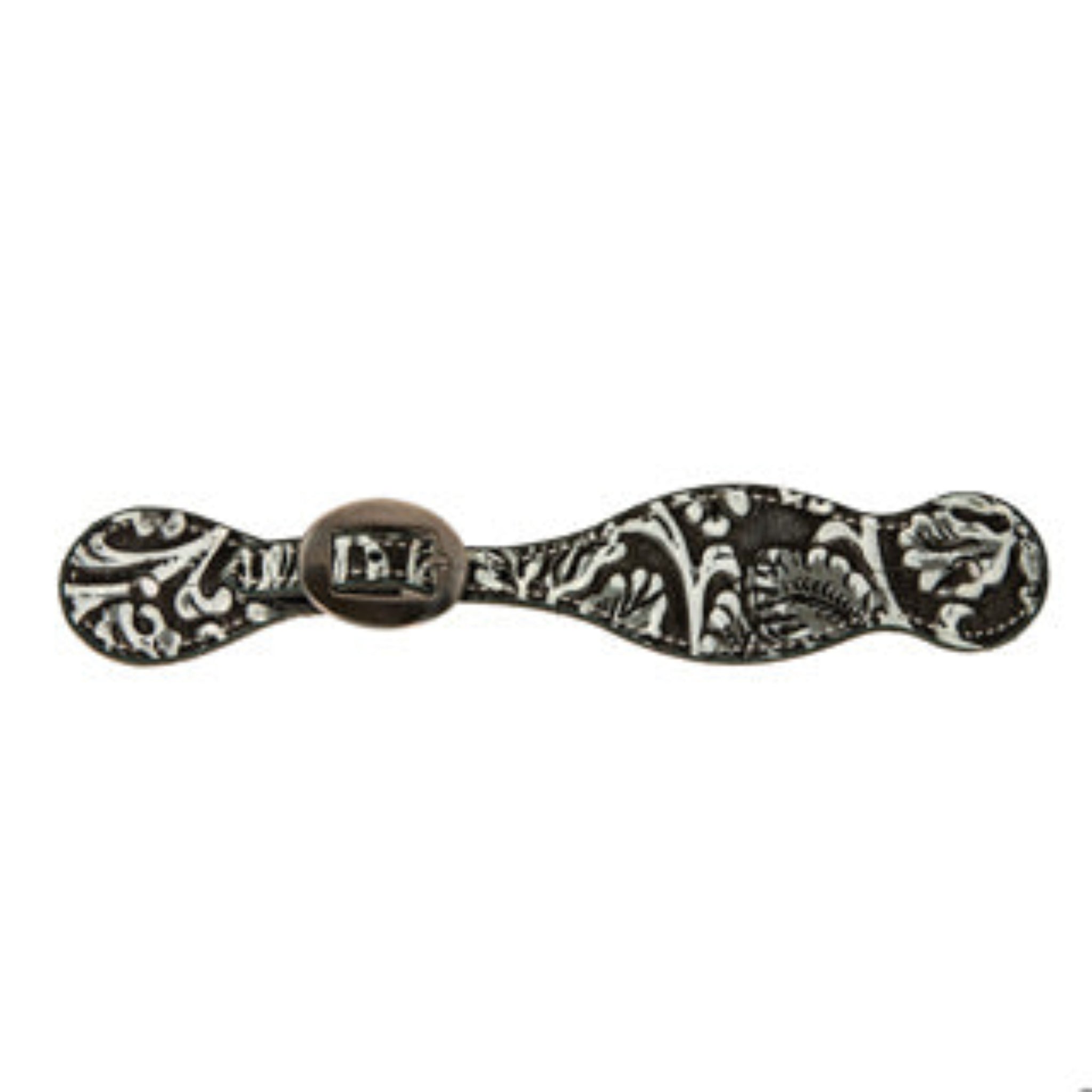 A black and white paisley-patterned spur strap with a metal buckle.