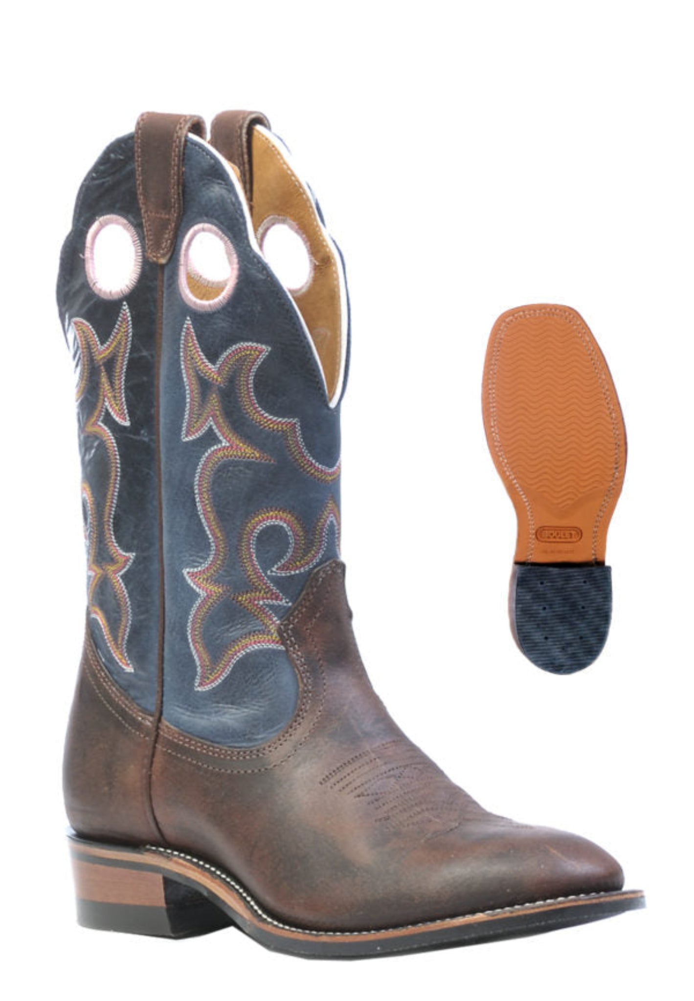 Brown boots with blue top and orange, yellow, and brown designs