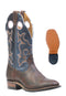 Brown boots with blue top and orange, yellow, and brown designs