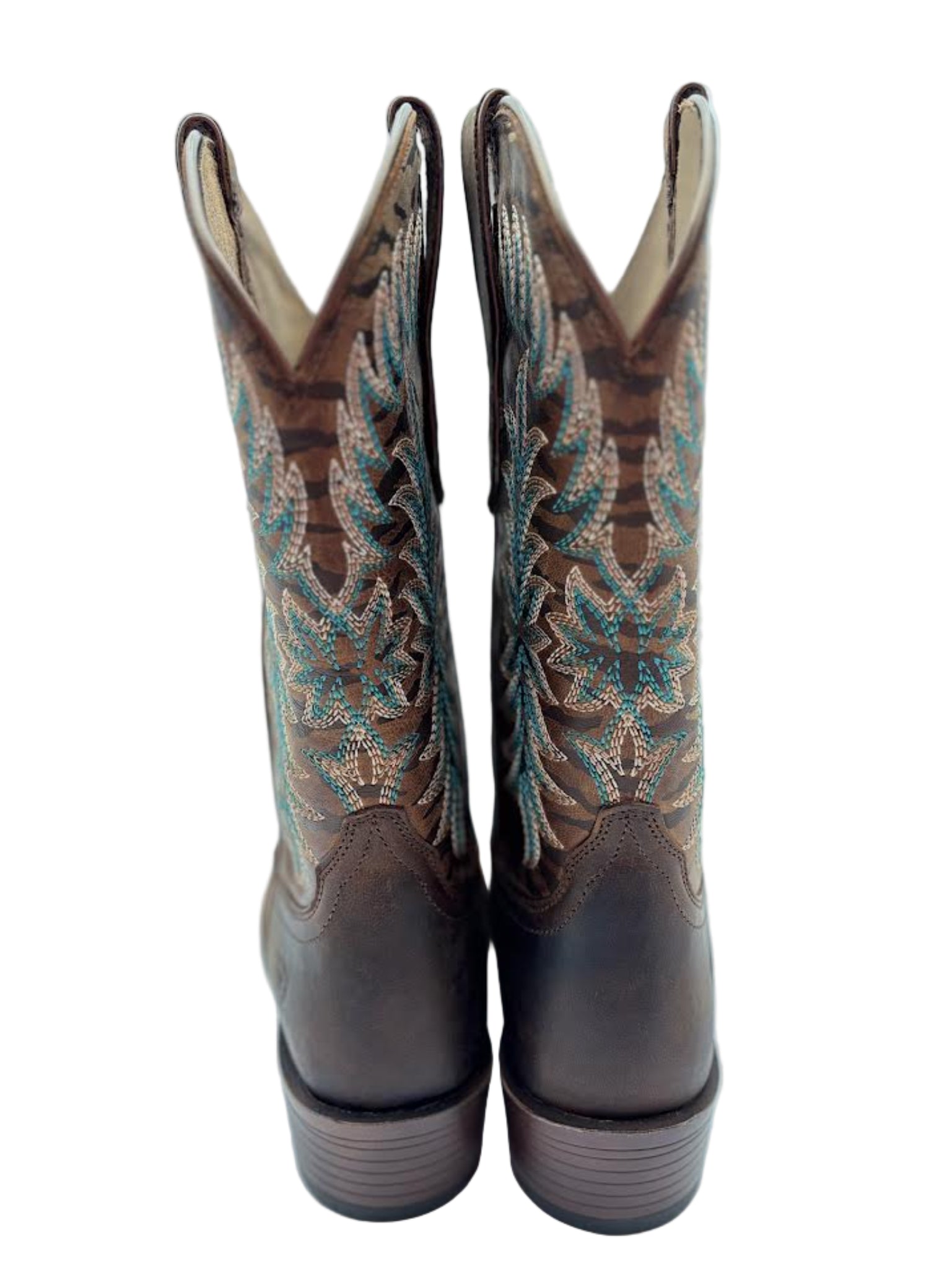 Pair of brown cowboy boots with tiger patterns on a white background