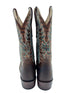 Pair of brown cowboy boots with tiger patterns on a white background