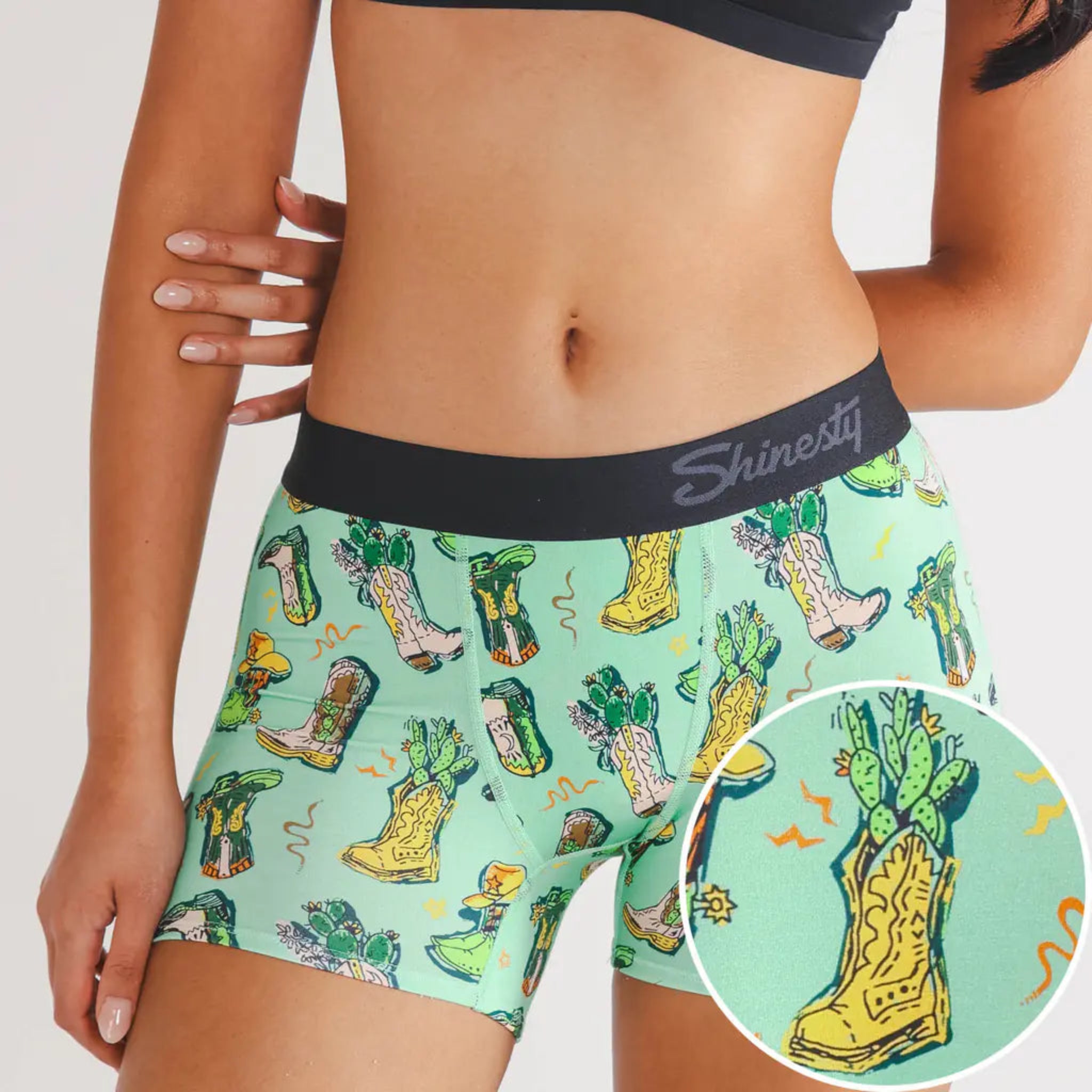 Green Cowboy Boot patterned boxer with 'Shiney' waistband on a white background