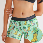 Green Cowboy Boot patterned boxer with 'Shiney' waistband on a white background