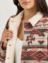 Person wearing a patterned jacket with a white Sherpa lining