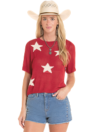 women's lightweight red short sleeve sweater with white stars, perfect for America's 250th birthday