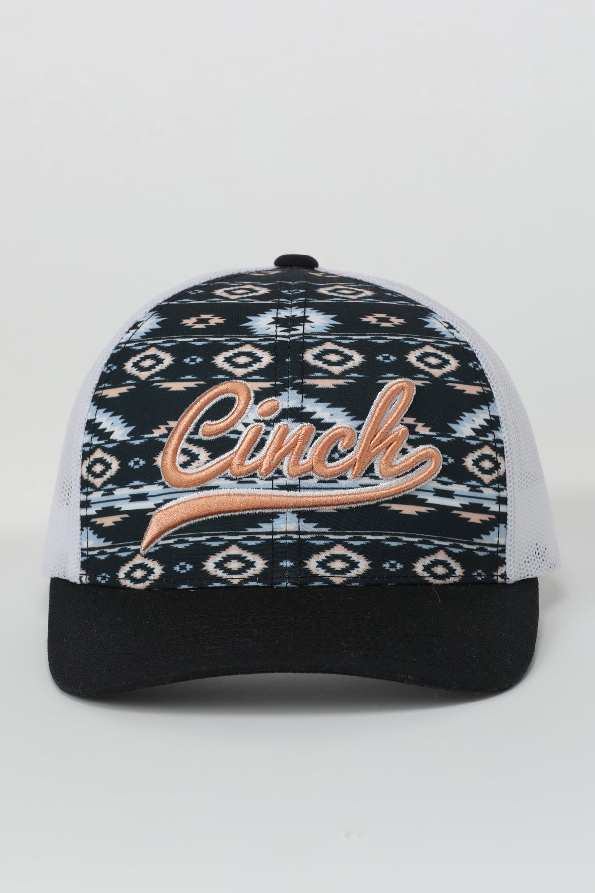 Trucker hat with geometric pattern and 'Cinch' branding on a white background