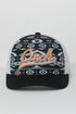 Trucker hat with geometric pattern and 'Cinch' branding on a white background