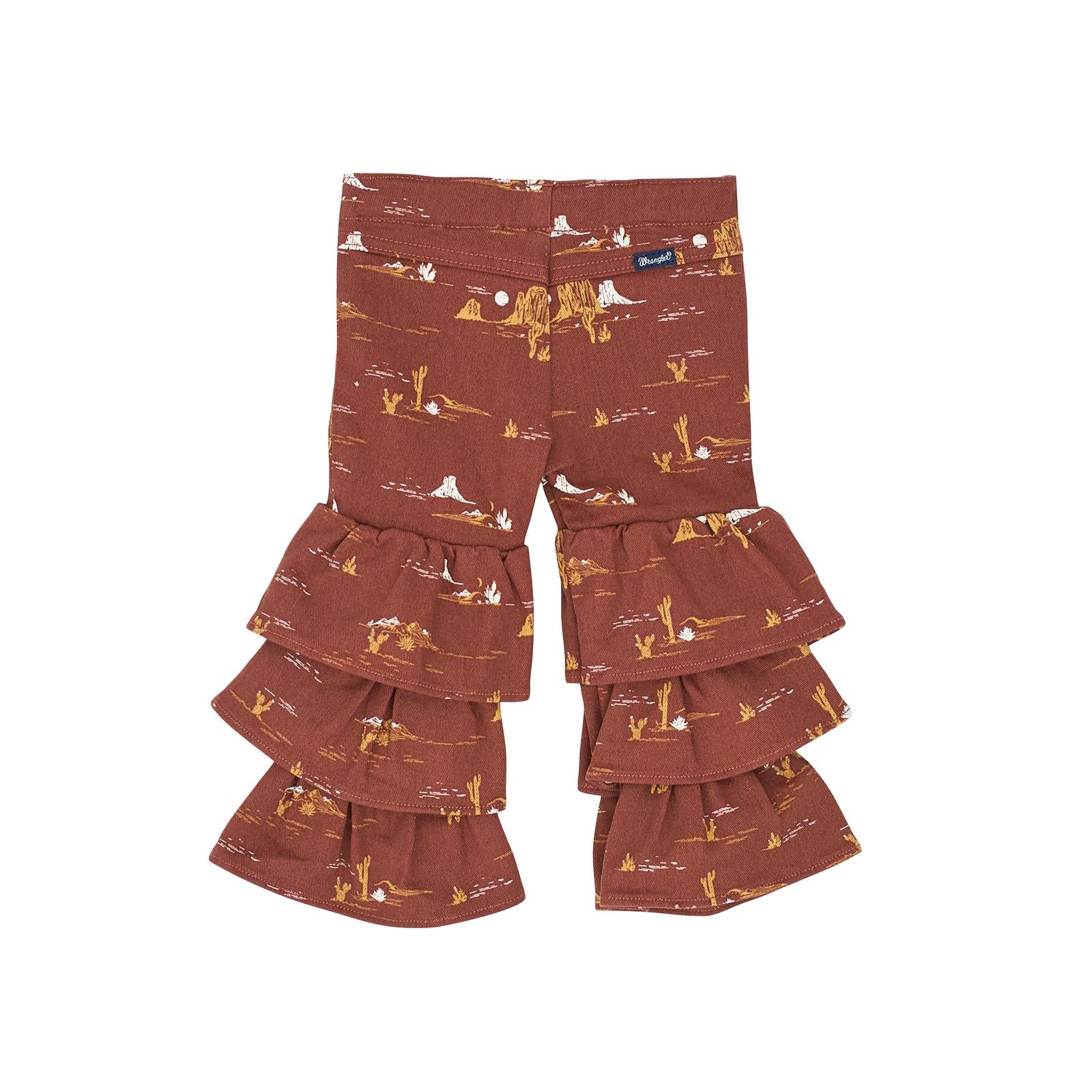 infant & toddler girls brown flare Western jean with ruffles and desert scenery