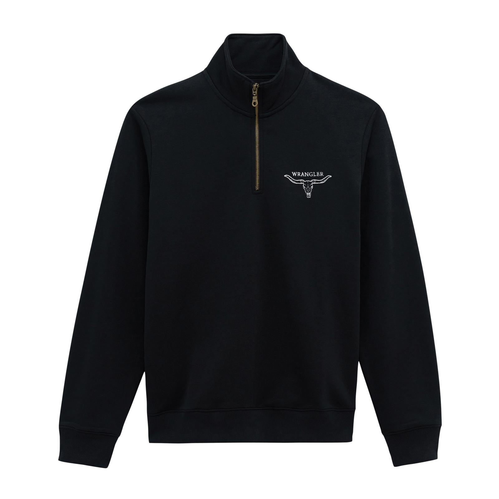 Black quarter-zip sweatshirt with a Wrangler Brand logo and a steer head on the chest 