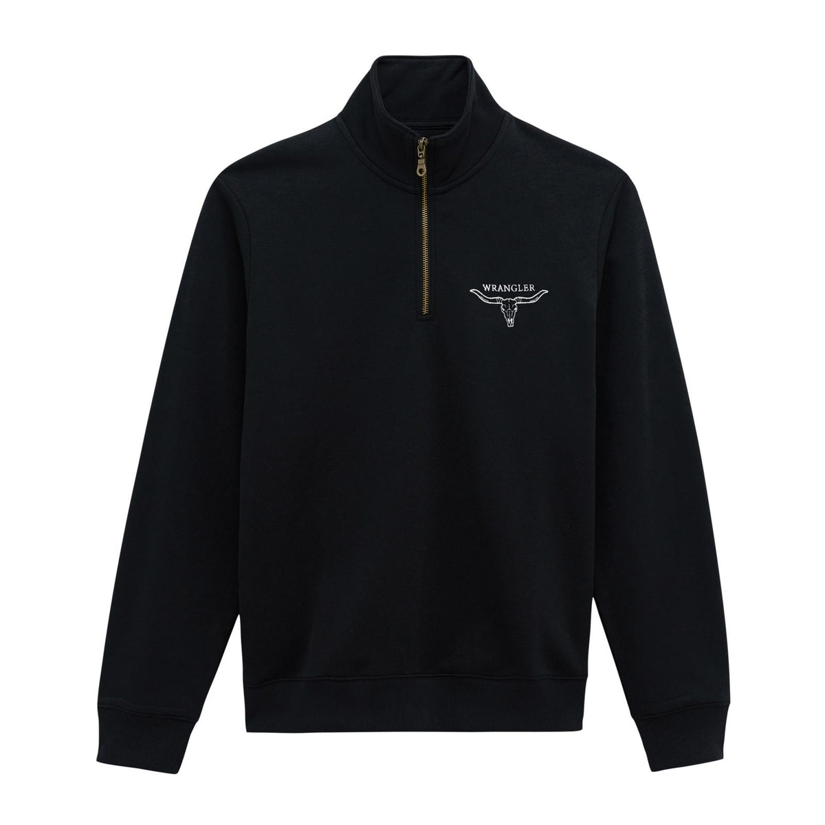 Black quarter-zip sweatshirt with a Wrangler Brand logo and a steer head on the chest 