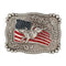 A silver belt buckle with a design featuring a bull and the American flag.