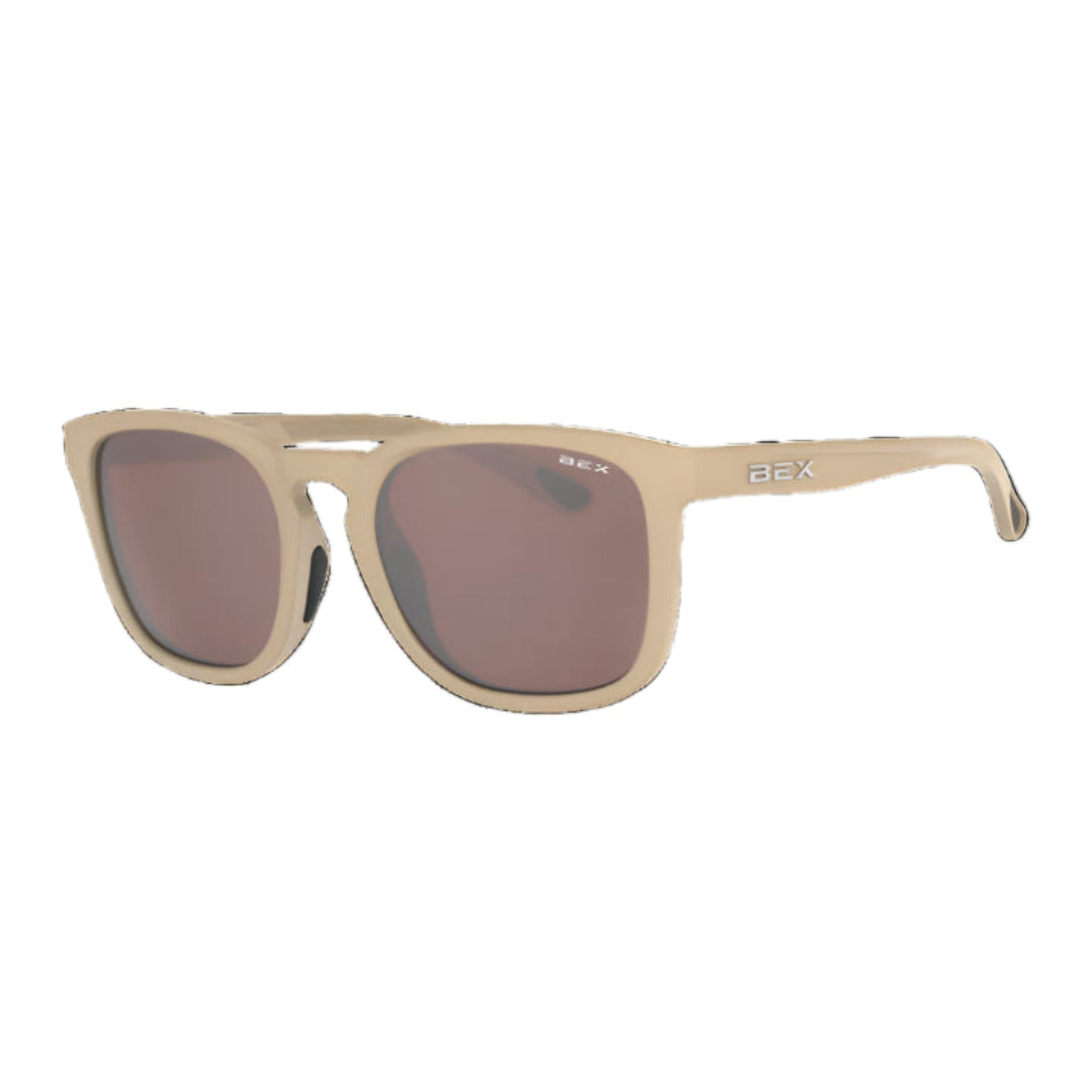 Beige sunglasses with brown lenses on a white background