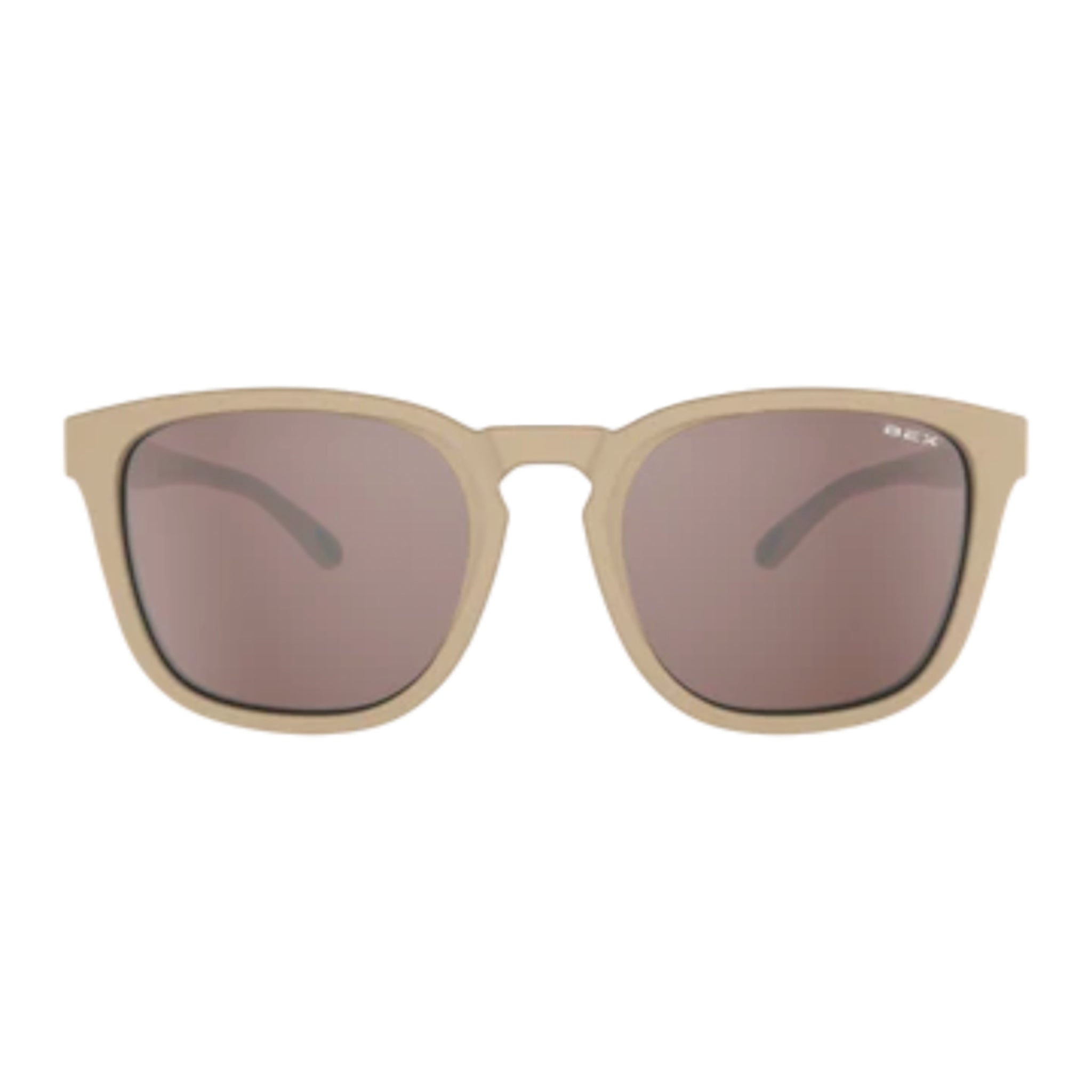 Beige sunglasses with brown lenses on a white background