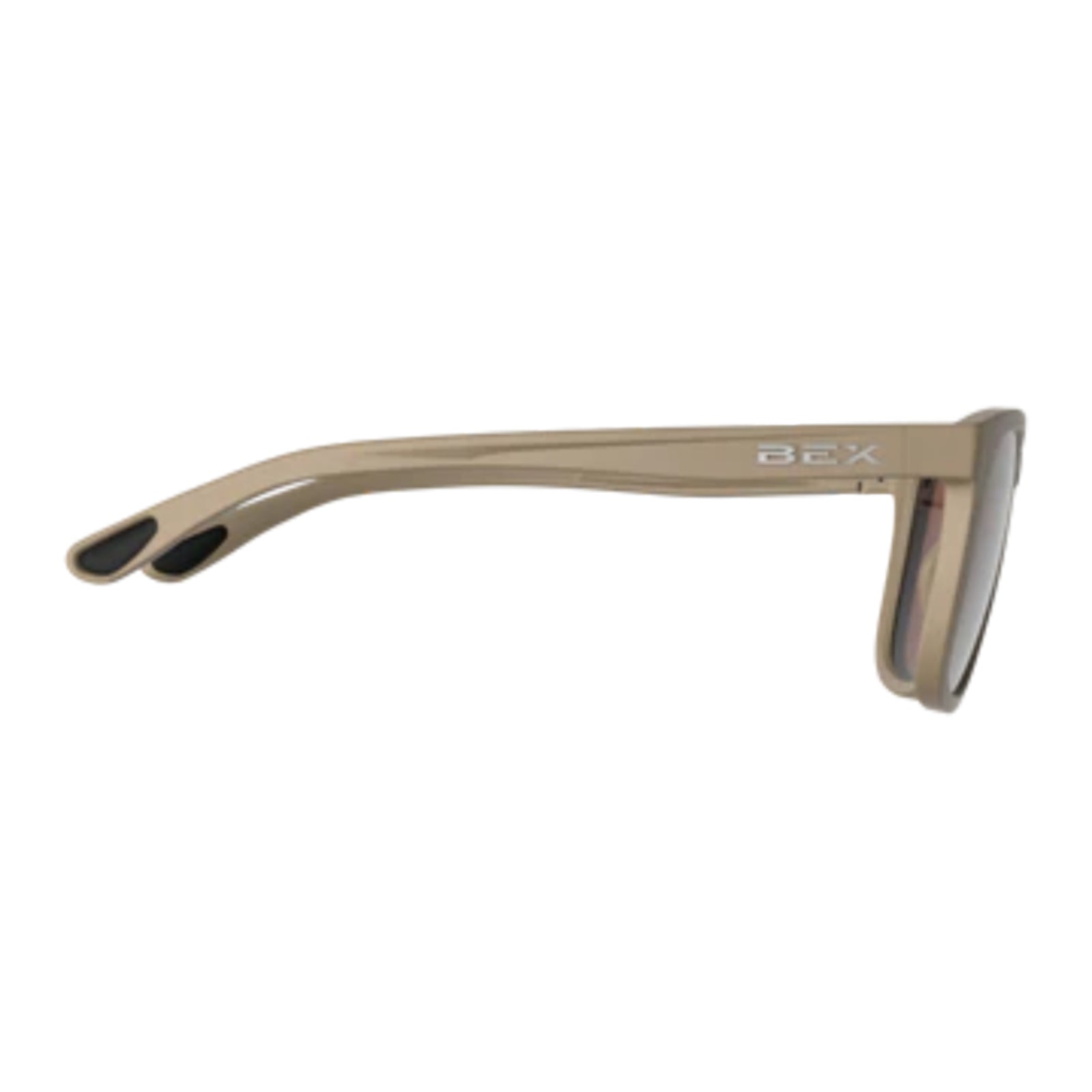 Beige sunglasses with a brand logo on a white background