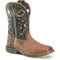 Brown and green cowboy boot with intricate design 